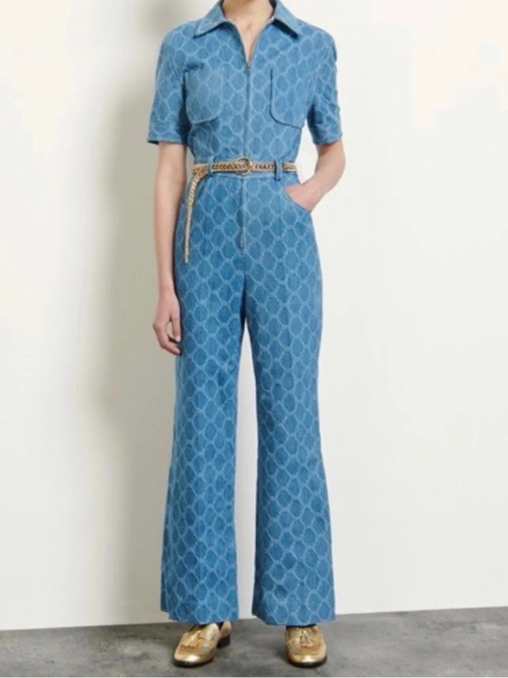 SANDRO Kelly Jacquard Denim Wide Leg Jumpsuit Euro 36 Size 4 - Picture 2 of 10